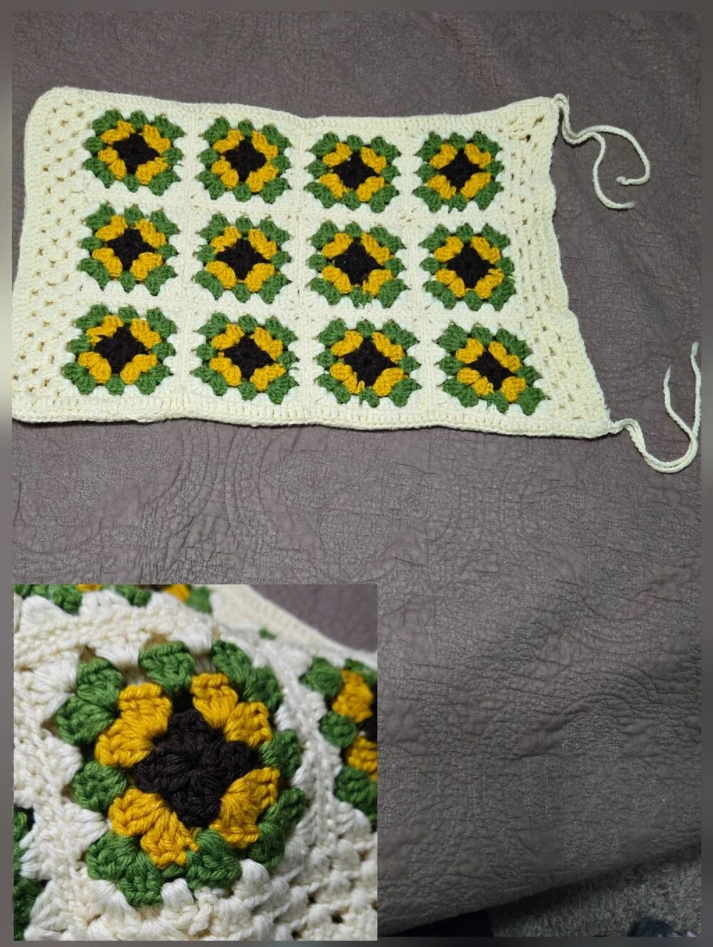 Vintage Granny Square Crochet Pillow Cover, floral sunflower, cover only